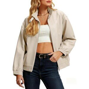 Women's Beige Faux Leather Stand Collar Double Zipper Casual Bomber Jacket